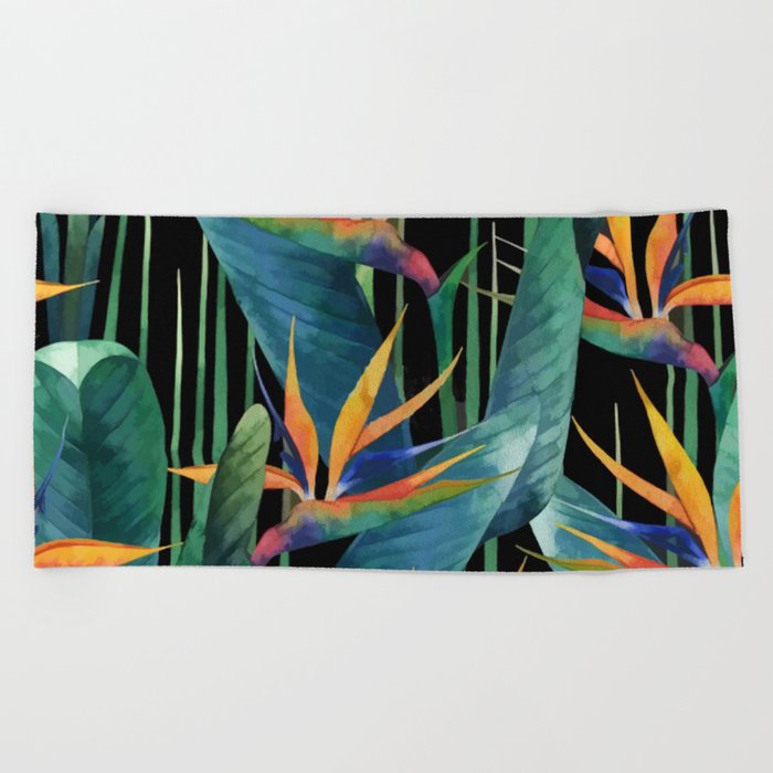 Watercolor Painting Tropical Bird Of Paradise Plants Large Beach