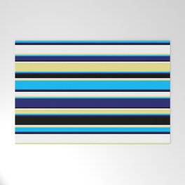 [ Thumbnail: Tan, Deep Sky Blue, Midnight Blue, Black & White Colored Lines Pattern Welcome Mat ]
