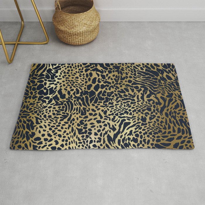 Leopard Print Pattern, Navy Blue and Gold Rug
