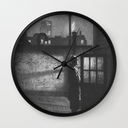 Little Penthouse, Intimate Cityscape black and white painting by Martin Lewis Wall Clock