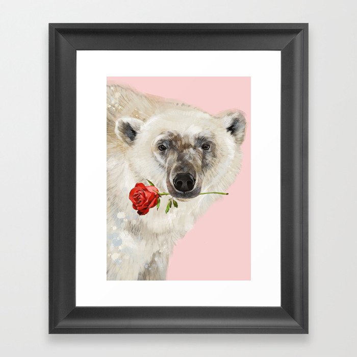 Polar Bear with Red Rose Framed Art Print