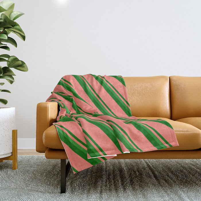 Forest Green, Dark Green & Salmon Colored Stripes Pattern Throw Blanket