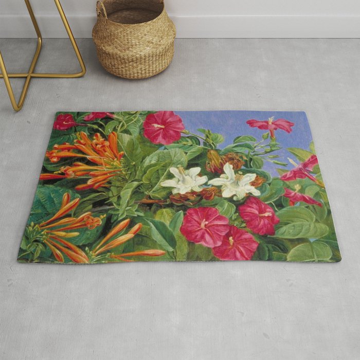 Tropical Hibiscus and Bougainvillea Flowers still life painting Rug