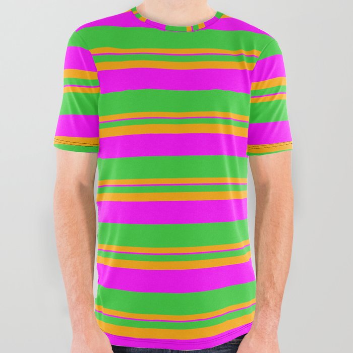 Lime Green, Orange, and Fuchsia Colored Lined Pattern All Over Graphic Tee