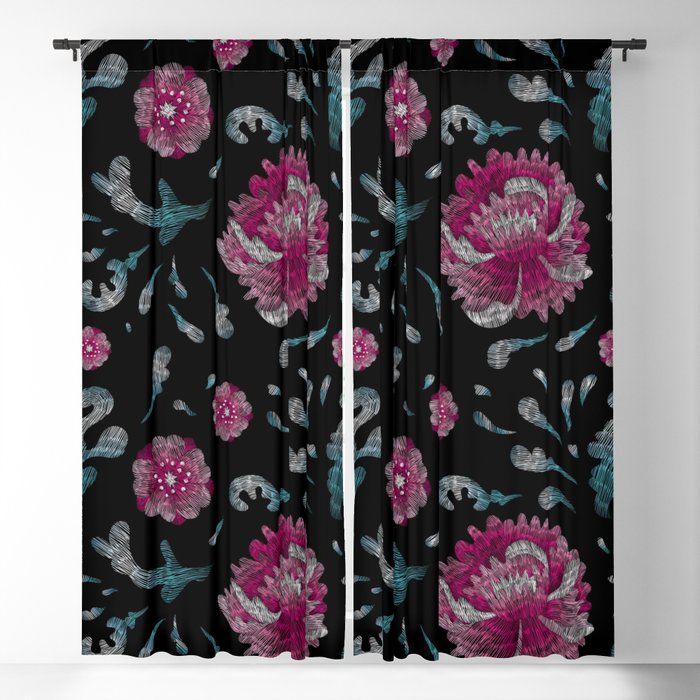 Embroidered Boho Pink Flowers Blackout Curtain