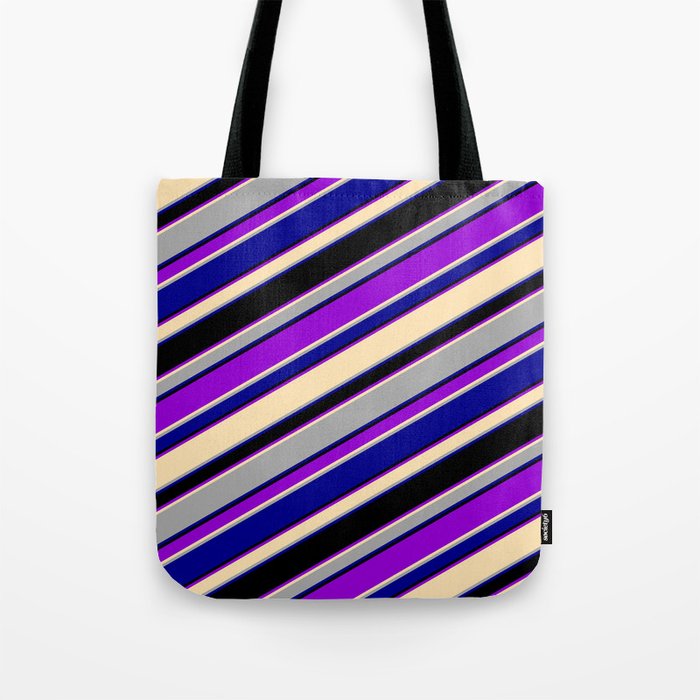 Eyecatching Dark Violet, Beige, Dark Grey, Dark Blue & Black Colored Lined Pattern Tote Bag