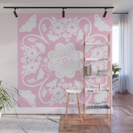 Pink Retro Modern Butterflies And Flowers Bandana Silhouette Pretty Cottagecore Cottage Pattern Wall Mural