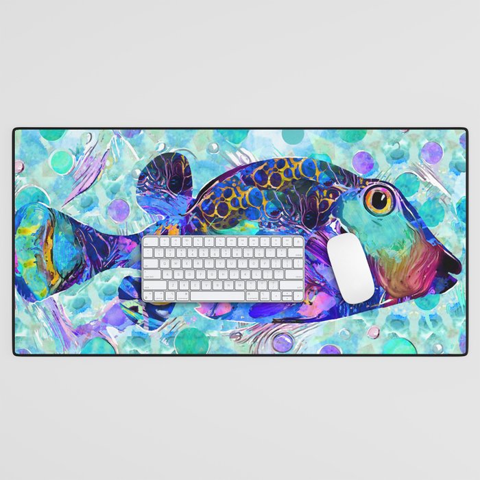 Colorful Whimsical Tropical Puffer Fish Art by Sharon Cummings Desk Mat