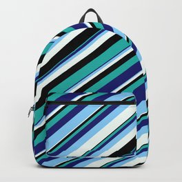 [ Thumbnail: Colorful Light Sea Green, Midnight Blue, Light Sky Blue, Mint Cream & Black Colored Stripes Pattern Backpack ]