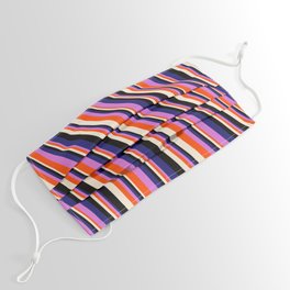 [ Thumbnail: Vibrant Midnight Blue, Orchid, Red, Beige & Black Colored Striped/Lined Pattern Face Mask ]