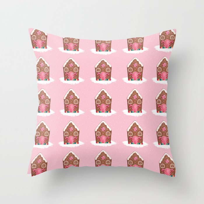 Pink Gingerbread House Throw Pillow