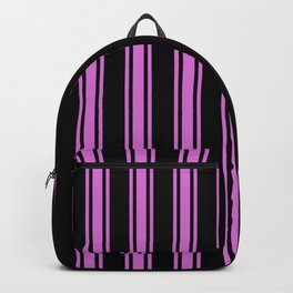 [ Thumbnail: Black and Orchid Colored Pattern of Stripes Backpack ]