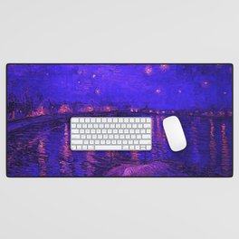 Starry Night Over the Rhone landscape painting by Vincent van Gogh in alternate midnight blue with pink stars Desk Mat