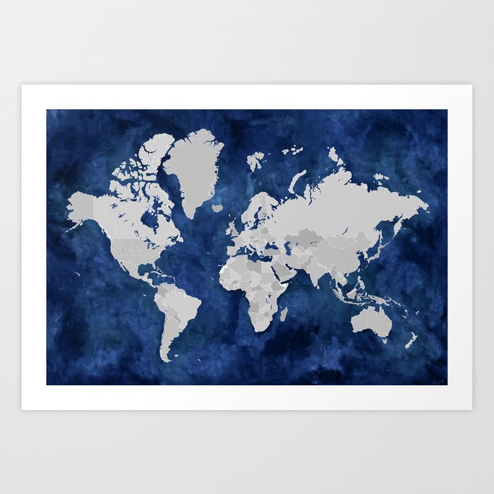 Dark blue watercolor and grey world map Art Print