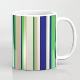 [ Thumbnail: Midnight Blue, Lime Green, Tan & Beige Colored Stripes/Lines Pattern Coffee Mug ]