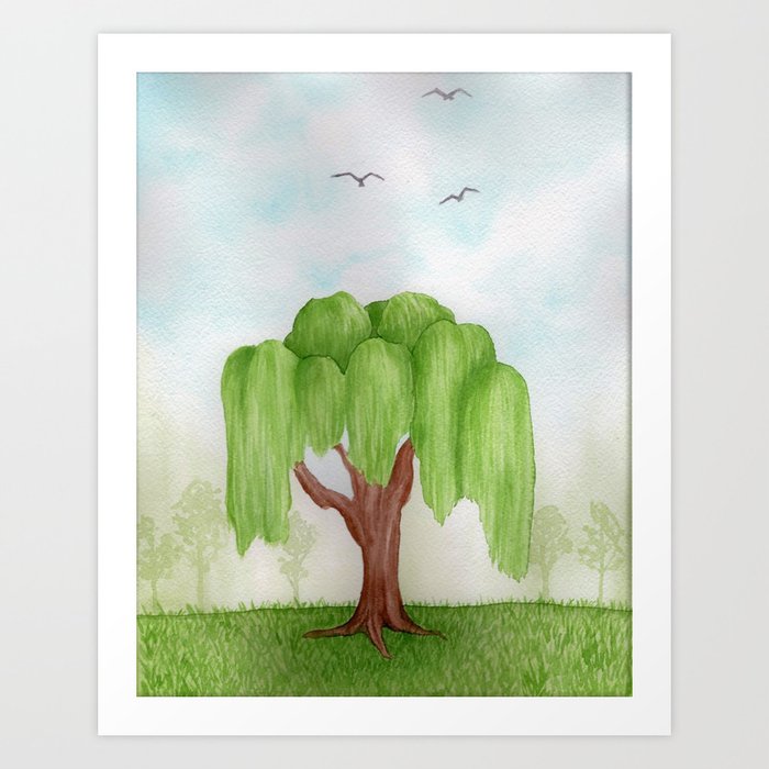 Weeping Willow Tree Watercolor Landscape Painting Art Print By
