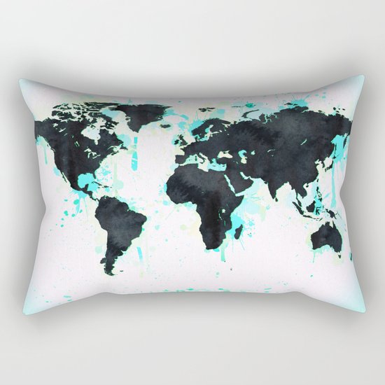 World Map Turquoise Paint and Black Ink Rectangular Pillow