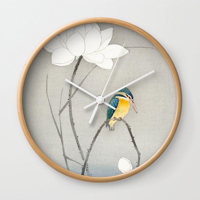 Kingfisher sitting on a lotus flower - Vintage Japanese Woodblock Print Art Wall Clock