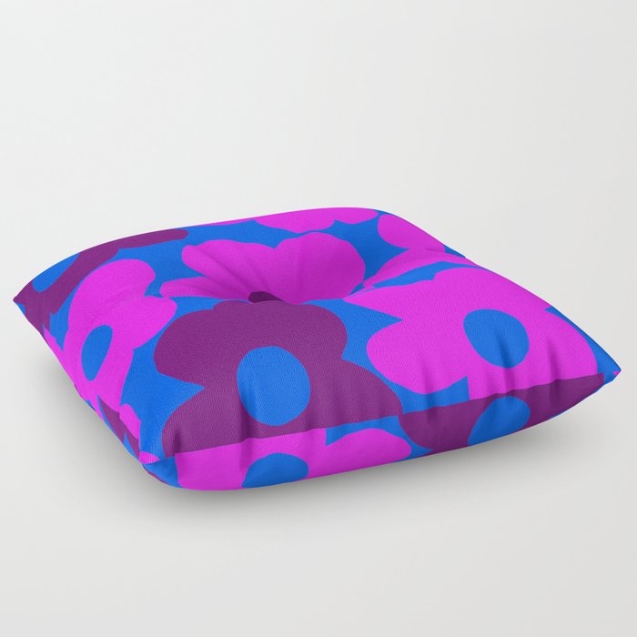 Large Pink and Purple Retro Flowers Blue Background #decor #society6 #buyart Floor Pillow
