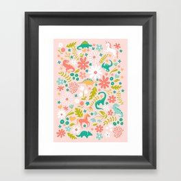 Dinosaurs + Unicorns in Pink + Teal Framed Art Print