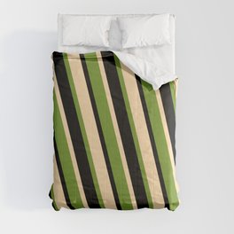 [ Thumbnail: Tan, Green, and Black Colored Lined/Striped Pattern Comforter ]