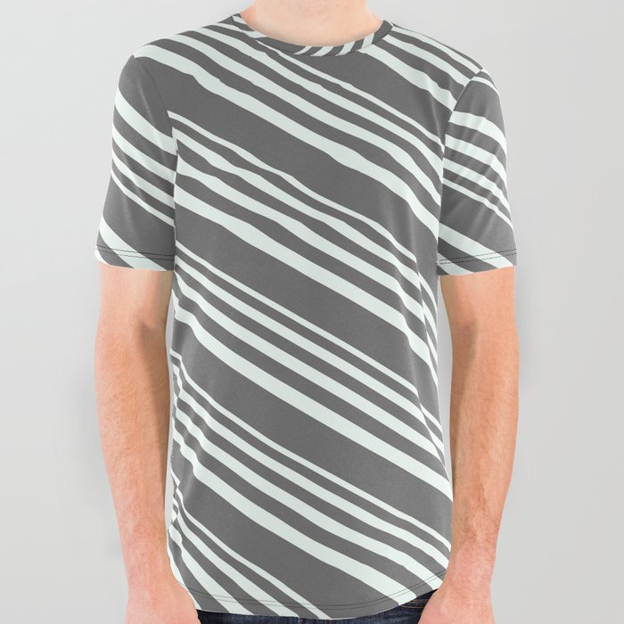 Mint Cream & Dim Gray Colored Pattern of Stripes All Over Graphic Tee