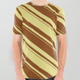[ Thumbnail: Tan and Brown Colored Lines/Stripes Pattern All Over Graphic Tee ]