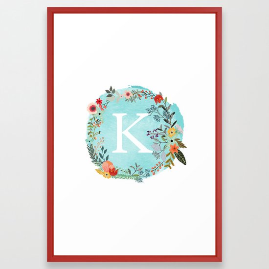 Personalized Monogram Initial Letter K Blue Watercolor Flower Wreath Artwork Framed Art Print by ...
