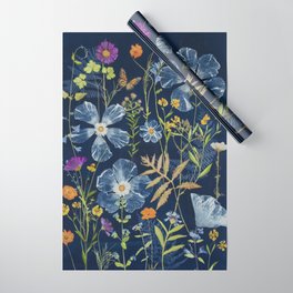 Cyanotype Painting (Hibiscus, Daisies, Cosmos, Ferns, Monarch) Wrapping Paper