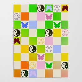 Y2k Butterfly Yin Yang Smiley Rainbow Gradient Checker Poster