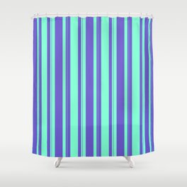 [ Thumbnail: Aquamarine & Slate Blue Colored Lines Pattern Shower Curtain ]