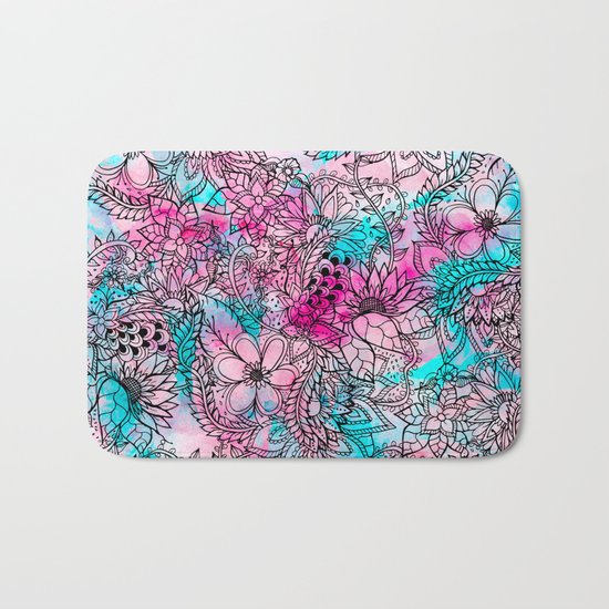 Modern pink turquoise floral watercolor handdrawn pattern Bath Mat