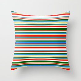 [ Thumbnail: Colorful Blue, Tan, Red, White, and Dark Green Colored Striped/Lined Pattern Throw Pillow ]