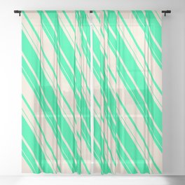 [ Thumbnail: Green and Beige Colored Striped/Lined Pattern Sheer Curtain ]