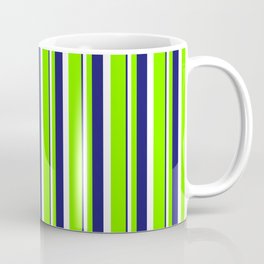 [ Thumbnail: Chartreuse, White & Midnight Blue Colored Stripes Pattern Coffee Mug ]