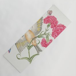 Illustration of a brown bird with red head on carnation stem with butterflies Yoga Mat