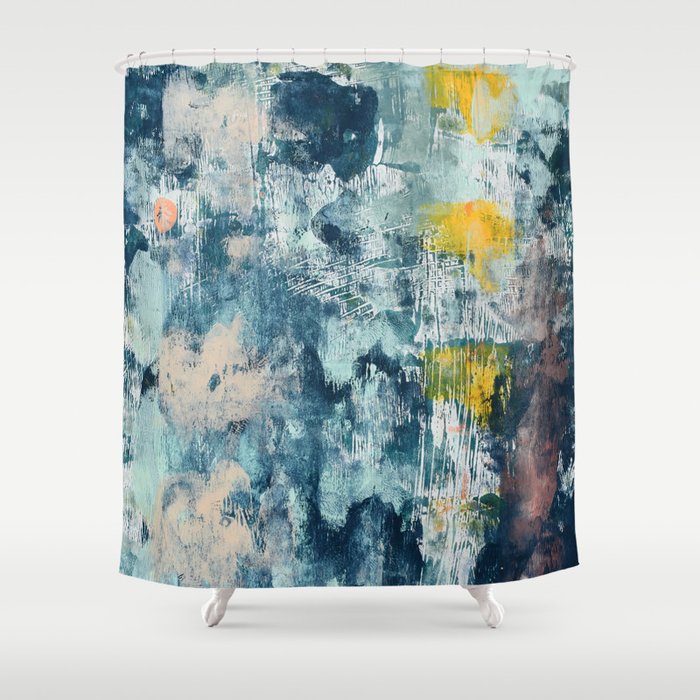 017.2: a bright contemporary abstract design in blues pinks and yellow by Alyssa Hamilton Art  Shower Curtain
