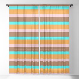 [ Thumbnail: Dark Orange, Pink, Brown & Aqua Colored Lined Pattern Sheer Curtain ]