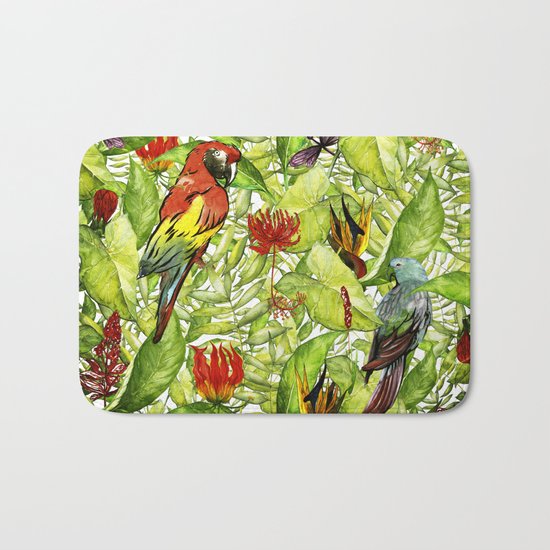 My tropical Summer Flowers and Birds Garden- Jungle Pattern on #Society6 Bath Mat