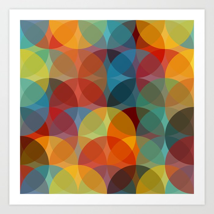 Mid Century Modern Circle Pattern // Transparent Semicircles // Red, Blue, Yellow, Orange, Green Art Print