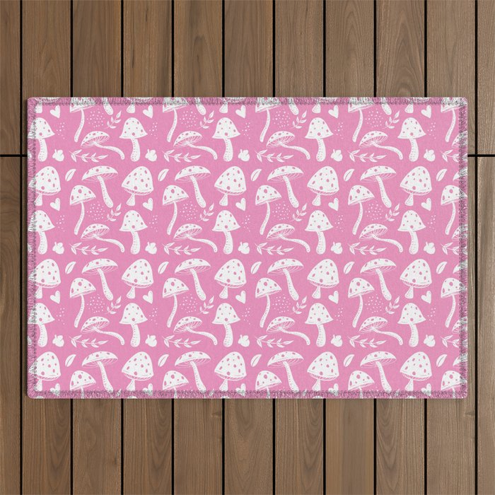 White Mushroom Seamless Pattern on Pink Background Outdoor Rug
