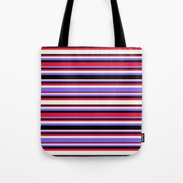 [ Thumbnail: Beige, Medium Slate Blue, Black, and Crimson Colored Pattern of Stripes Tote Bag ]