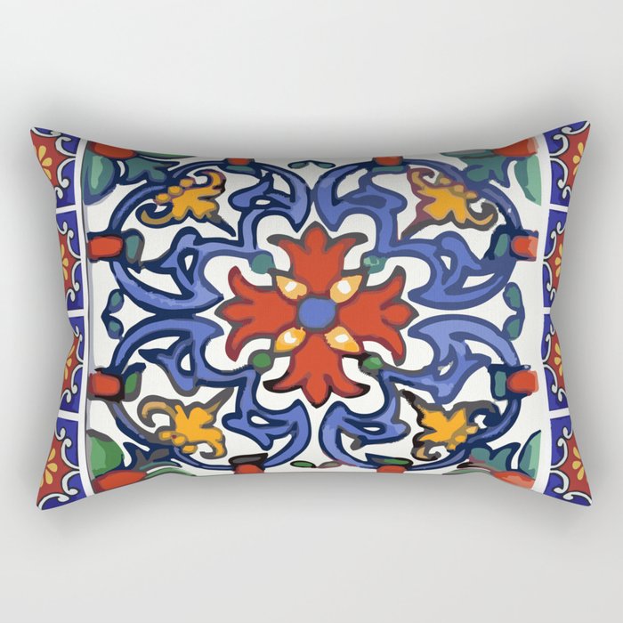 Talavera Mexican tile inspired bold design in blue, green, red, orange Rectangular Pillow