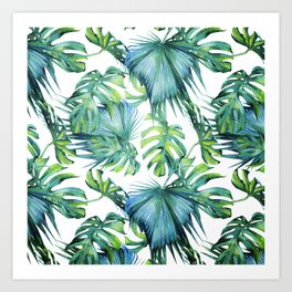 Blue Jungle Leaves, Monstera, Palm #society6 Art Print