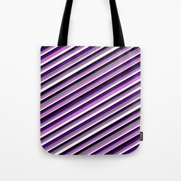 [ Thumbnail: Vibrant Gray, Orchid, White, Black & Indigo Colored Stripes/Lines Pattern Tote Bag ]