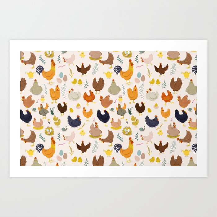 Chickens And Rooster pattern Art Print
