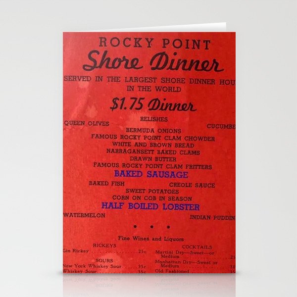1906 Rocky Point Amusement Park Shore Dinner Hall New England Claim Bake Menu, Warwick, Rhode Island Stationery Cards