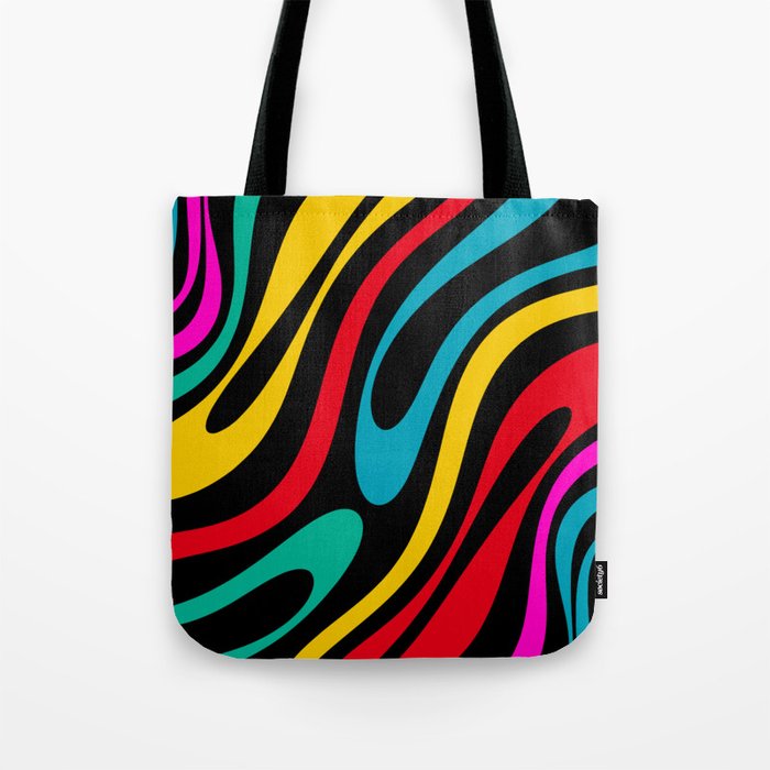 Wavy Loops Retro 80s Colorful Abstract Pattern on Black Tote Bag