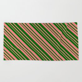 [ Thumbnail: Dark Green & Light Coral Colored Lined/Striped Pattern Beach Towel ]