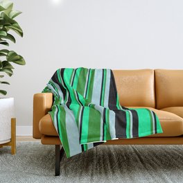 [ Thumbnail: Green, Forest Green, Powder Blue, and Black Colored Striped/Lined Pattern Throw Blanket ]